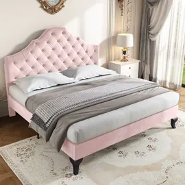 XDOVET Polsterbett mit Lattenrost und Kopfteil, Polsterbett mit höhenverstellbares Kopfteil, Holzlattenunterstützung,140*200cm - Rosa