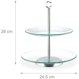 Relaxdays Etagere, 2-stöckig, rund, Cupcakes, Kekse, Snacks, Obst, Glas, Edelstahl, Servierständer, transparent/silber,