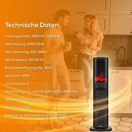 Tronitechnik TroniTechnik® Turmheizer mit Keramikelement,Heizgerät mit simulierten Flammeneffekt,2000 W,Wärmestrahler mit PTC Keramik, schwarz