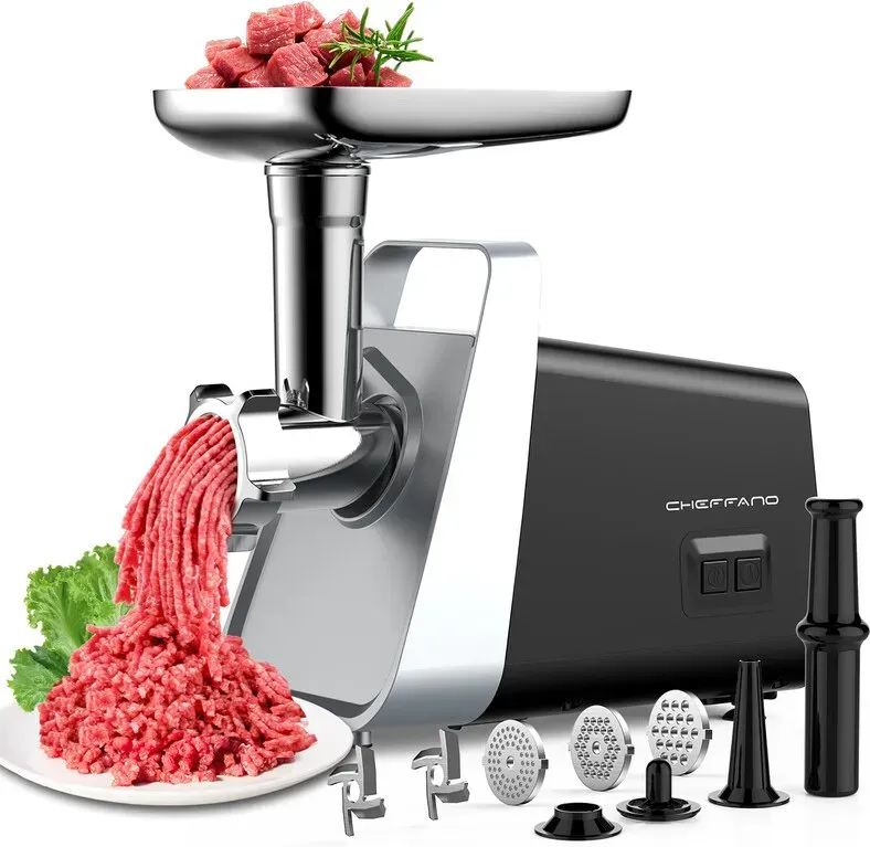 CHEFFANO MG097 Elektrischer Fleischwolf, Wurstfüller mit Wurstglocke, 2 Schneidmesser, 3 Lochscheiben, Kubbe-Kit, robuste Fleischminze für den Heimgebrauch