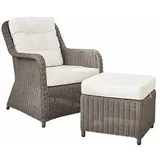 Mirabeau Gartensessel luxuriöser Relaxsessel Bromyard mit Hocker im Rattan-Look grau (komfortabel, inkl. 2 Sitzkissen & Rückenkissen, waschbare Bezüge), Sessel mit Hocker, Polyrattan & Alugestell, B 74 cm, H 93 cm, T 139 cm grau