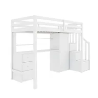 autolock Kinderbett Etagenbett,multifunktionales Kinderbett mit Schreibtisch und Treppe, Hochbett mit Kleiderschrank,Schubladen und Treppenschrank weiß