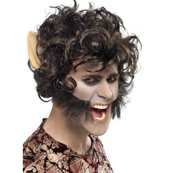Smiffys Kostüm-Perücke Werwolf Perücke mit Ohren, Wilde Mähne, große Ohren und breite Koteletten grau