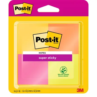 Post-it Super Sticky Notes, 4 Blöcke, 47.6 x 47.6 mm, 45 Blatt pro Block - Extra-stark klebende Notizzettel für To-Do-Listen und Erinnerungen