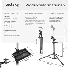 Tectake Fahrradmontageständer klappbar Belastbarkeit 50 kg lackschonend mit Vorderrad-Stabilisator und Werkzeugablage