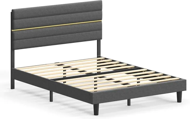 SONGMICSHOME Bettgestell, Doppelbettgestell, passend für 140 x 200 cm Matratze, verstellbares gepolstertes Kopfteil, modern, grau