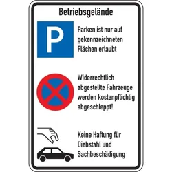Schild I Kombischild Betriebsgelände, Parken, Parkverbot und Diebstahl, Aluminium, 600x900mm