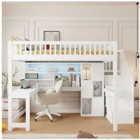 Odikalo Hochbett 90x200 140x200 mit Schreibtisch & LED (Hochbett, Jugendbett, Kinderbett, 90x200 / 140x200 cm, Mit LED-Leuchten, Ablageleiter, Regale, Ablagefächer, Schreibtisch, ohne Matratze, Weiß / Weiß+Natur) 140 cm x 200 cm
