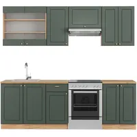 Vicco Küchenzeile Fame-Line, Grün-Gold Landhaus/Goldkraft Eiche 240 cm ohne Arbeitsplatte