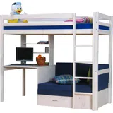 VCM Kids Hochbett, Couch, Lattenrost, Matratze, Schreibplatte und Regal weiß/blau. - Weiß