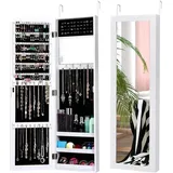 Costway - Schmuckschrank Mit Ganzkörperspiegel Und Eingebautem Schminkspiegel, Schmuck Spiegelschrank Für Ringe, Kettenhaken Und Ohrringe, 2 Montagemöglichkeiten, Weiß