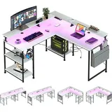 AIORBER L-förmiger Schreibtisch, 140x140x85 cm, umkehrbarer Eck-Computertisch mit Steckdose und LED-Leiste, Gaming-Computertisch mit Monitorständ... - Weiß