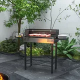 Dreistöckiger Holzkohlegrill Mit Klappbaren Ablagen Und Drehspieß, Edelstahl, 118 X 32 X 90 Cm, Schwarz