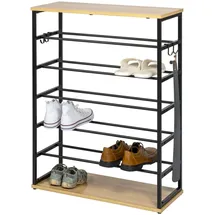 ELUNO Schuhregal 70 x 90 x 28 cm 2 Holzablagen, 4 Haken / schwarz matt