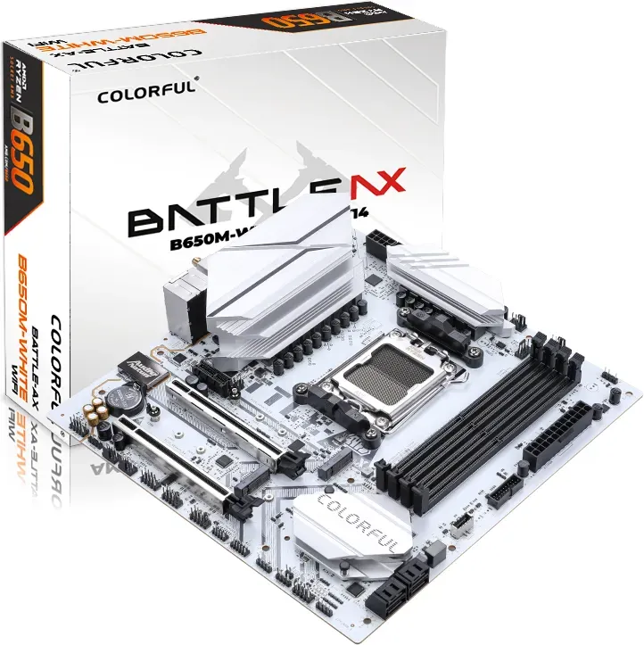 Farbenfrohes BATTLE-AX B650M-WHITE WIFI V15 Mainboard, M-ATX-Format