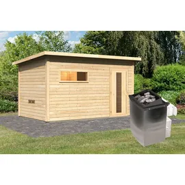 Karibu Saunahaus Hytti 6 naturbelassen Energiesparende Saunatür 9 kW Ofen integr. Steuerung inkl. 8-teiligem gratis Zubehörpaket (Gesamtwert 191,92€)