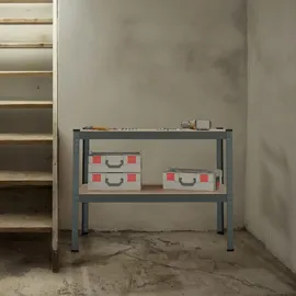 Relaxdays Werkbank, 150kg, HxBxT: 90x120x60 cm, 2 verstellbare Ebenen, Werktisch, Stahl & MDF, Werkstattregal, anthrazit