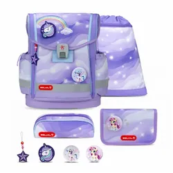 Belmil Classy Plus Schulranzen-Set 5-teilig Over the Rainbow mit Brustgurt, Magnetverschluss, Patch Set 3 Stück Over the Rainbow Schulrucksack