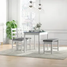 Homcom Essgruppe, Esstisch mit 2 Gepolsterten Stühlen, Bank, 4-Teiliges Esstisch-Set Esszimmergruppe mit Leinenoptik, Kiefernholz, Grau, Weiß Aosom