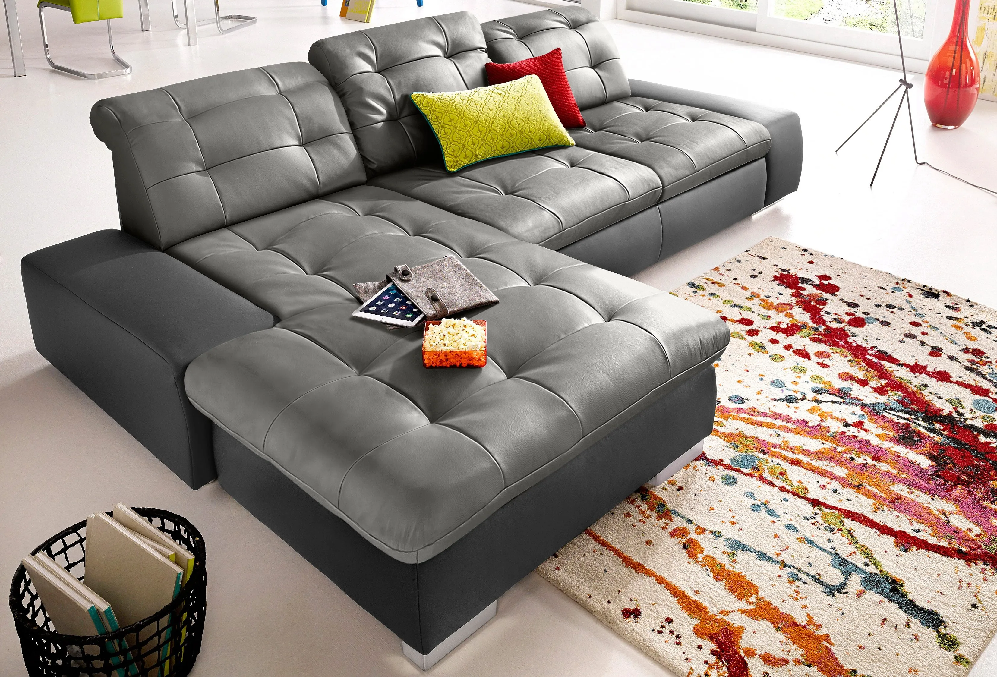 Ecksofa SIT & MORE "Palomino L-Form", schwarz (schwarz, steingrau), B:284cm H:84cm T:109cm, Kunstleder SOFTLUX/Struktur (100% Polyester), Kunstleder SOFTLUX/Feinstruktur (100% Polyester), Kunstleder SOFTLUX/ NaturLEDER (echtes Rindsleder), Sofas, wahlweise XL oder XXL und mit Bettfunktion