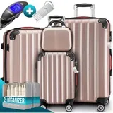 Monzana Koffer rose, 4-teilig + Zubehör, Hartschale, mit 4 Rollen, klein / mittel / groß + Beautycase