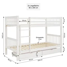 Homestyle4u Etagenbett 90 x 200 cm Kiefer massiv lackiert weiß