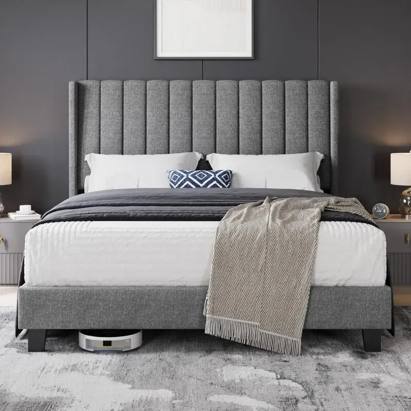 Yaheetech 200 cm L × 160 cm B Polsterbettgestell mit Flügelseiten, Plattformbettgestell mit gerahmtem Kopfteil, Matratzenuntergestell mit Holzleisten, kein Boxspring erforderlich, einfache Montage, Hellgrau