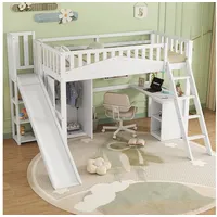 HAUSS SPOLE Hochbett 90x200cm mit Dach, Fenster, Leiter, Rutsche, Weiß+Walnuss mit Matratze