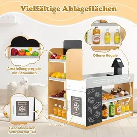 Costway Kaufmannsladen, Kaufladen Kinder mit Einkaufswagen, Supermarkt Holz mit Kasse & 2 Tafeln, Einkaufsladen für Kinder ab 3 Jahren