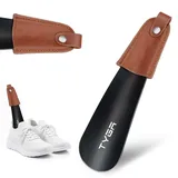 TYGA STORE Schuhlöffel aus Metall – kurzer 17 cm Schuhlöffel, kleine Schuhlöffel mit Ledergriffriemen, für Herren, Damen und Kinder, Schwarz , Small - S