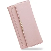 AfitLulu Lange Geldbörse Damen Trifold Portemonnaie Damen Leder mit 10 Kartensteckplätze und ID-Fenster, Geldbeutel Damen Groß Portmonee Damen PU Leder Brieftasche Damen mit Schnalle (Rosa)