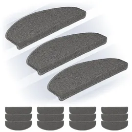 Relaxdays Stufenmatten im 15er Set, abgerundete Treppenstufenmatten, BxT: 65x24 cm, Selbstklebende Treppenteppiche, grau