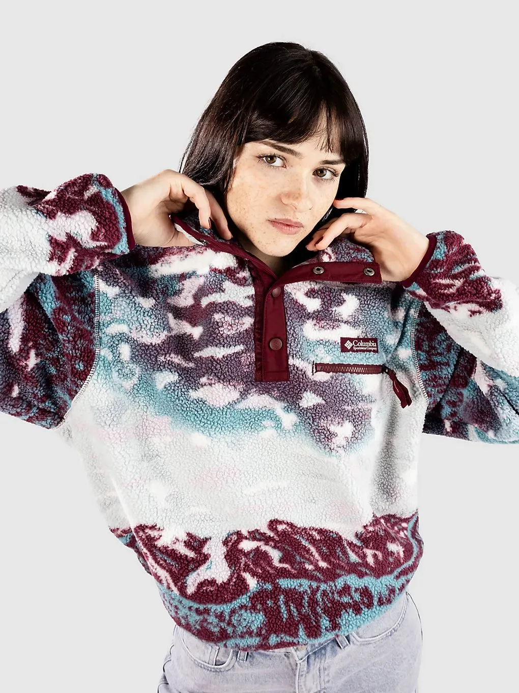 Columbia Helvetia II Printed Cropped Half Snap Half-Zip Fleece Pullover rich wine sisters / rch wn Gr. L