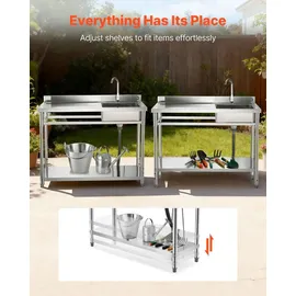 Vevor Spültisch Spülbecken Edelstahl (120 x 50 x 94 cm), Einzelbecken mit Wasserhahn & Ablage, Küchenspüle für Garage Restaurant Wäscherei, Waschtisch Außenspüle mit Arbeitsplatte (links)