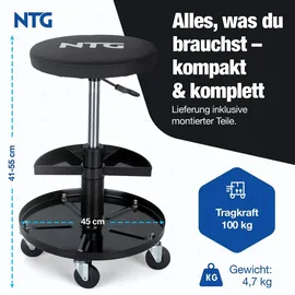 NTG Rollhocker Höhenverstellbar bis 55 cm – Werkstatthocker bis 100 kg mit 5 Rollen & Ablageschale – Drehhocker Werkstatt