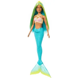 Barbie Meerjungfrau-Puppe mit blauen und gelben Strähnchen, türkisfarbener Schwanzflosse und Haarband