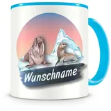 Samunshi® Kindertasse mit Namen Tasse Robbe und Walross Personalisierte Tasse mit Namen Kinder Kinderbecher mit Namen Kindergarten blau 300ml