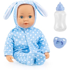 Bayer Design 93822AD Babypuppe Anna, spricht 24 Babylaute, weicher Körper, Schlafaugen, Schnuller, Flasche, 38 cm, blau