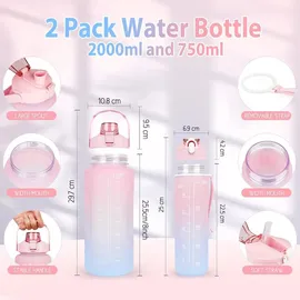 luxuskollektion 2er Pack Trinkflasche BPA-frei mit Zeitmarkierung & Strohhalm