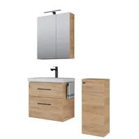 Planetmöbel Badmöbel-Set mit Spiegelschrank 63cm und Midischrank Gold Eiche