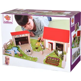 Eichhorn Bauernhof 100004309 - Bauernhof bestehend aus 2 Gebäuden, Spielplatte, Figuren, Tiere, Zäune, 20 teilig, Größe 36x51cm, Buchenholz, für Kinder ab 3 Jahren