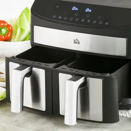 Homcom Heißluftfritteuse 8L Fritteuse mit Doppelkammer, Airfryer mit 10 Programmen, 2400 W Luftfritteuse mit Touchscreen, Rezeptur, ohne Öl, Schwarz - Schwarz