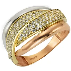 Fingerring "375 Gold dreifarbig Zirkonia" Gr. 17, gelb (gelb, weiß), FASCINATION BY ELLEN K., Fingerringe, Damen, 017 (53,5), Gold