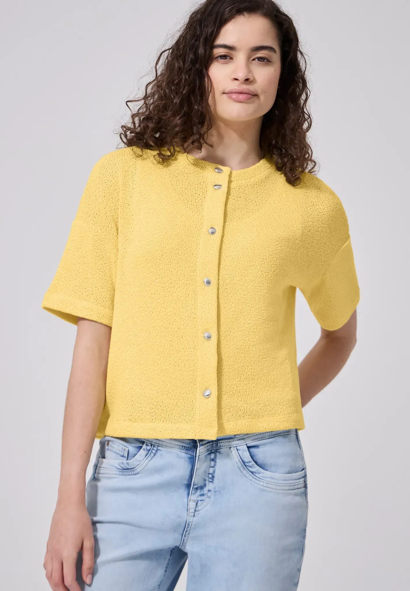 Kurzjacke STREET ONE STUDIO, Damen, Gr. 46, snap gelb, Stoff, 78% Polyester, 18% Viskose, 4% Elasthan, unifarben, normal normal, Rundhals, abgesteppt, Jacken Kurzjacke