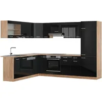 Vicco Eckküche, Schwarz Hochglanz, Honigeiche, Holzwerkstoff, L-Form,Formgebogen, 287x81.6x60 cm, Küchen, Eckküchen, Eckküchen ohne Geräte
