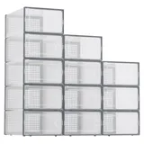 Transparente Plastik-Aufbewahrungsboxen - Schuhboxen 12er Set - Stapelbar mit Deckel - Für Sneaker, Spielzeug, Schrank, unter dem Bett - Grau