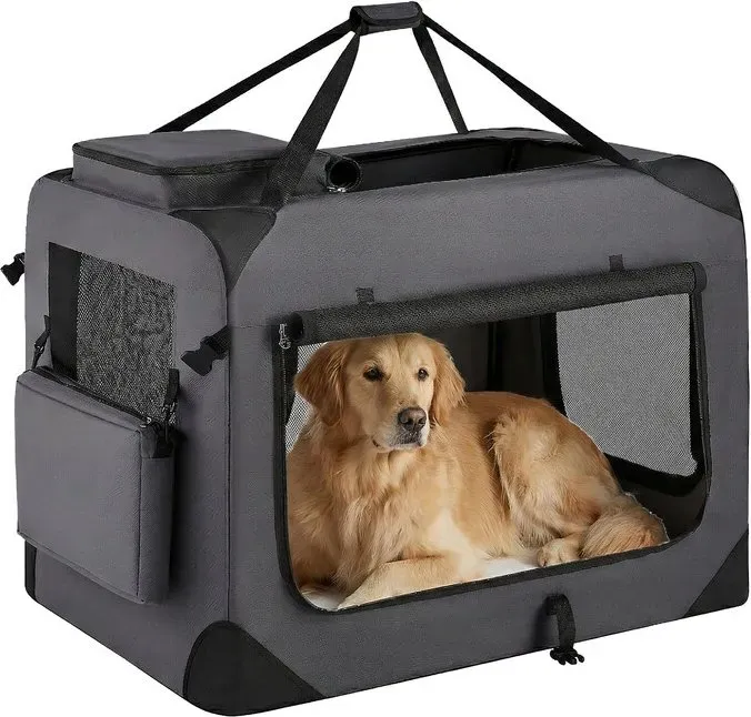 Faltbare Haustierrucksack-Tasche, tragbare Transporttasche für Katzen und Hunde, Haustier-Reisebeutel mit weichen Seitenwänden und atmungsaktivem Mesh-Gewebe, mit Tragegriffen und Aufbewahrungstaschen, 91 x 63 x 63 cm, Grau