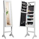 Costway - 18 Led-schmuckschrank Neigungsverstellbar, Schmuckregal Mit Ganzkoerperspiegel Und Kleinem Schminkspiegel, Schmuck Spiegelschrank Fuer Makeup Weiss