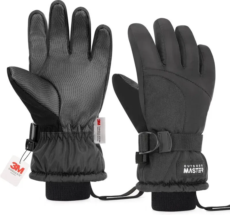 OutdoorMaster Kinder Ski-Schneehandschuhe, 3M Thinsulate Winter winddichte wasserdichte Thermohandschuhe für Jungen & Mädchen, geeignet für Wintersport, Skifahren, Snowboarden, Schwarz L