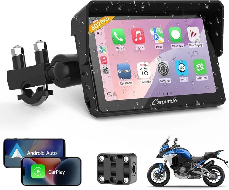 Carpuride W502PRO für Motorrad – CarPlay & Android Auto & Dual-Bluetooth – 5 Zoll wasserdichtes GPS-Navigationsdisplay für Motorrad, Musikfreigabe, Intercom, EQ, Lichtsensor, Kompass, Barometer